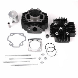 Engine parts including cylinders, gaskets, and spark plugs on a white background
